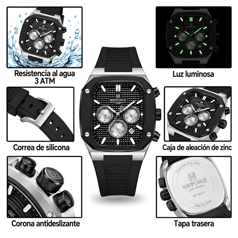 Naviforce Reloj Cronógrafo Plateado y Negro con Correa Negra de Silicona, Diámetro de 43 mm, Cristal Mineral Endurecido y Resistencia al Agua 3 ATM.