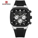Naviforce Reloj Cronógrafo Plateado y Negro con Correa Negra de Silicona, Diámetro de 43 mm, Cristal Mineral Endurecido y Resistencia al Agua 3 ATM.