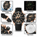 Naviforce Reloj Cronógrafo Negro y Rose Gold con Correa Negra de Silicona, Diámetro de 46 mm, Cristal Mineral Endurecido y Resistencia al Agua 3 ATM.