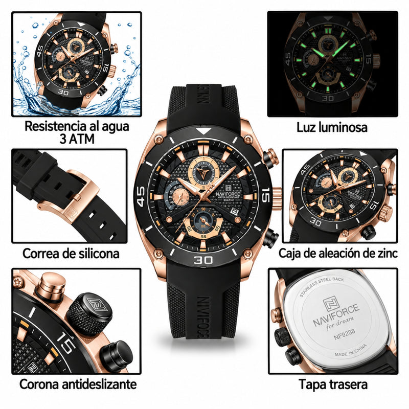 Naviforce Reloj Cronógrafo Negro y Rose Gold con Correa Negra de Silicona, Diámetro de 46 mm, Cristal Mineral Endurecido y Resistencia al Agua 3 ATM.