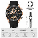 Naviforce Reloj Cronógrafo Negro y Rose Gold con Correa Negra de Silicona, Diámetro de 46 mm, Cristal Mineral Endurecido y Resistencia al Agua 3 ATM.
