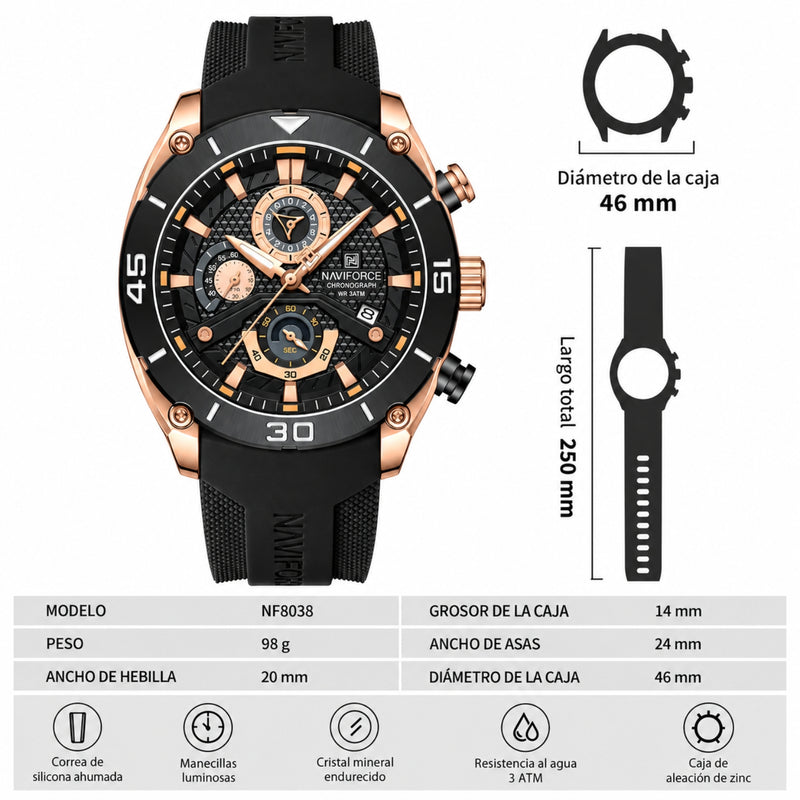 Naviforce Reloj Cronógrafo Negro y Rose Gold con Correa Negra de Silicona, Diámetro de 46 mm, Cristal Mineral Endurecido y Resistencia al Agua 3 ATM.