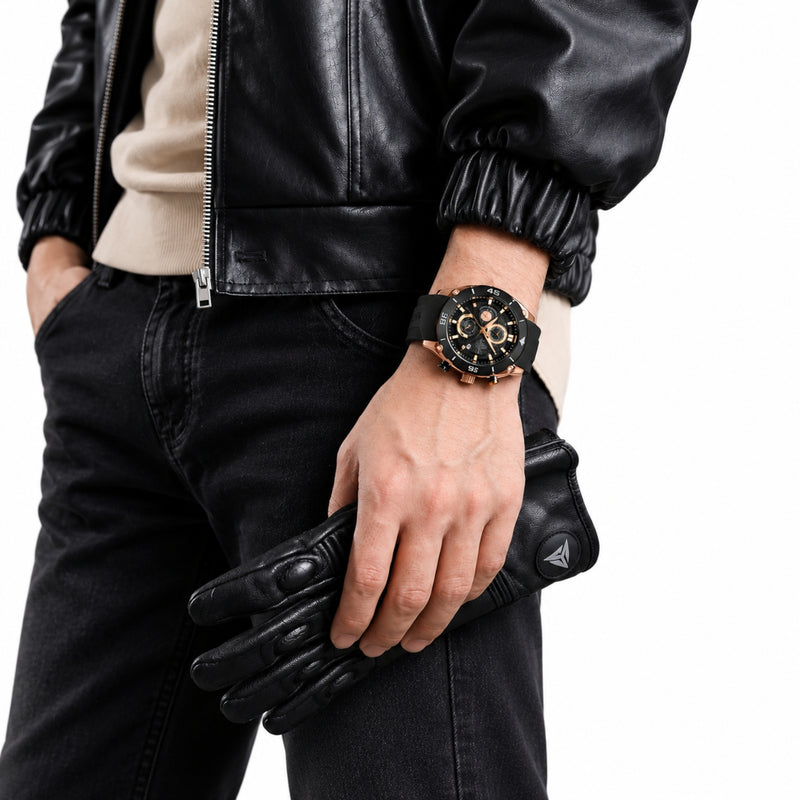 Naviforce Reloj Cronógrafo Negro y Rose Gold con Correa Negra de Silicona, Diámetro de 46 mm, Cristal Mineral Endurecido y Resistencia al Agua 3 ATM.