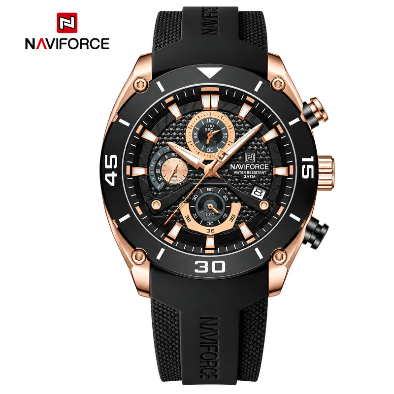 Naviforce Reloj Cronógrafo Negro y Rose Gold con Correa Negra de Silicona, Diámetro de 46 mm, Cristal Mineral Endurecido y Resistencia al Agua 3 ATM.