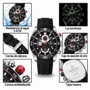Naviforce Reloj Cronógrafo Negro con Detalles Plateados, Correa de Silicona, Diámetro de 46 mm, Cristal Mineral Endurecido y Resistencia al Agua 3 ATM.