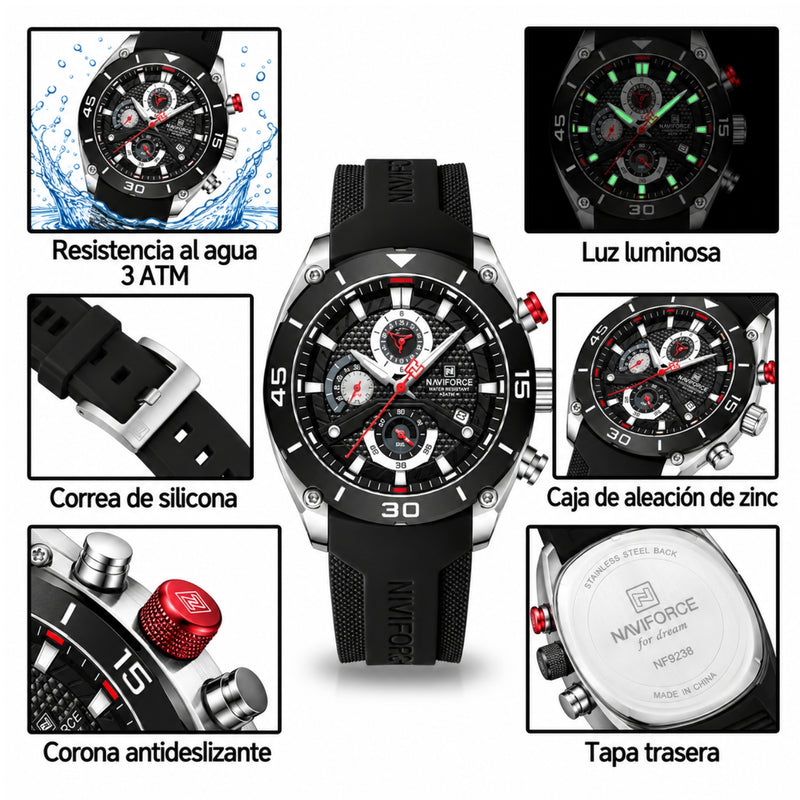 Naviforce Reloj Cronógrafo Negro con Detalles Plateados, Correa de Silicona, Diámetro de 46 mm, Cristal Mineral Endurecido y Resistencia al Agua 3 ATM.