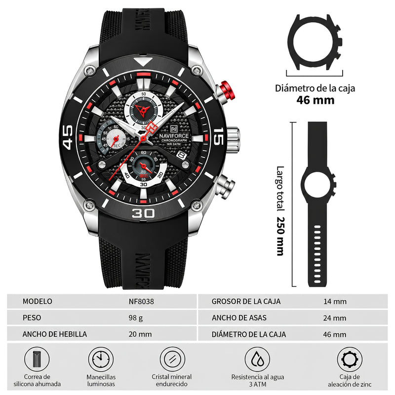 Naviforce Reloj Cronógrafo Negro con Detalles Plateados, Correa de Silicona, Diámetro de 46 mm, Cristal Mineral Endurecido y Resistencia al Agua 3 ATM.