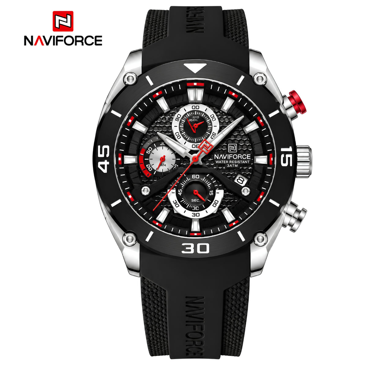 Naviforce Reloj Cronógrafo Negro con Detalles Plateados, Correa de Silicona, Diámetro de 46 mm, Cristal Mineral Endurecido y Resistencia al Agua 3 ATM.