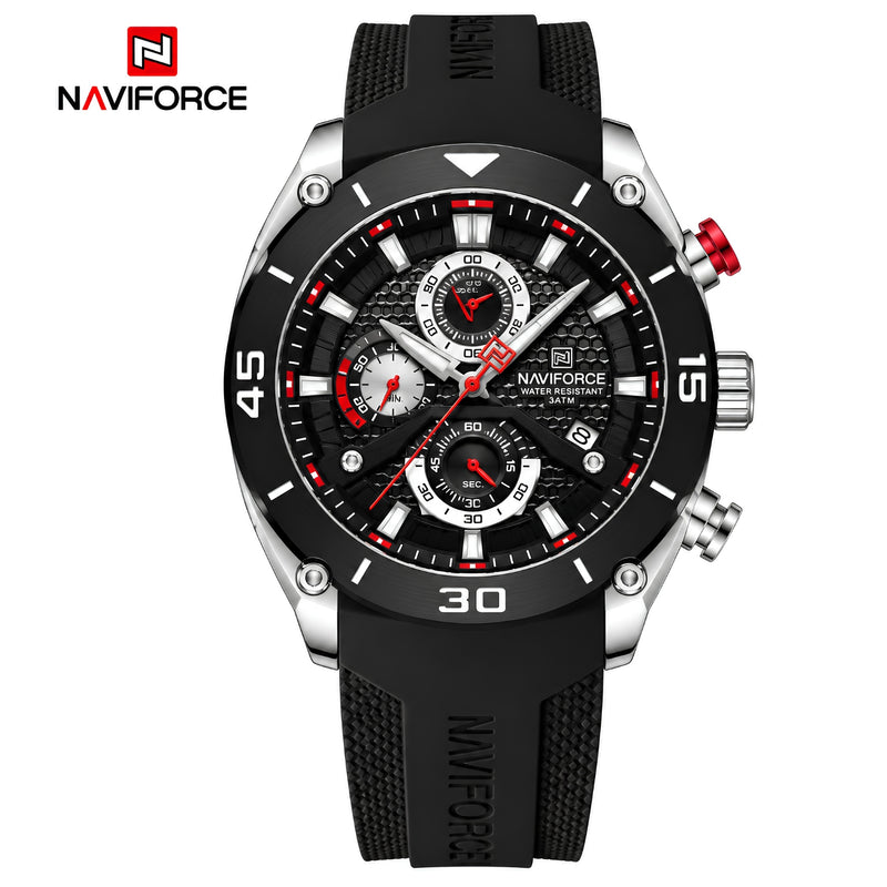 Naviforce Reloj Cronógrafo Negro con Detalles Plateados, Correa de Silicona, Diámetro de 46 mm, Cristal Mineral Endurecido y Resistencia al Agua 3 ATM.