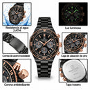 Naviforce Reloj Cronógrafo Rose Gold con Detalles Negros y Correa de Acero Inoxidable, Diámetro de 42 mm, Cristal Mineral Endurecido y Resistencia al Agua 3 ATM.