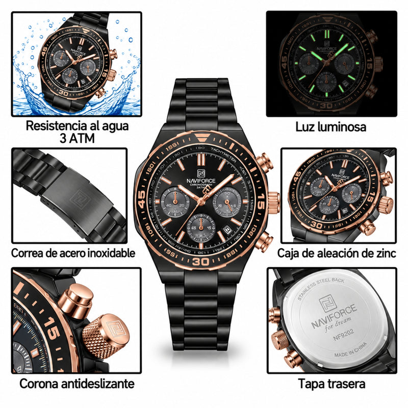 Naviforce Reloj Cronógrafo Rose Gold con Detalles Negros y Correa de Acero Inoxidable, Diámetro de 42 mm, Cristal Mineral Endurecido y Resistencia al Agua 3 ATM.