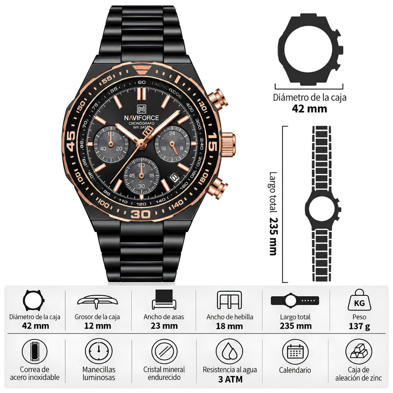 Naviforce Reloj Cronógrafo Rose Gold con Detalles Negros y Correa de Acero Inoxidable, Diámetro de 42 mm, Cristal Mineral Endurecido y Resistencia al Agua 3 ATM.