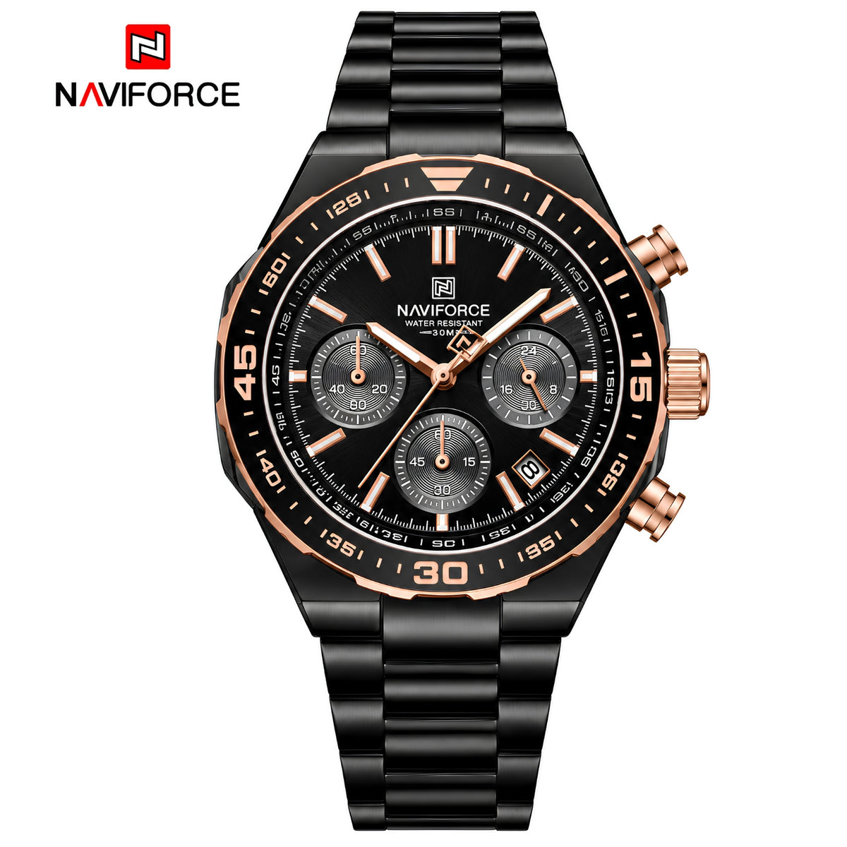 Naviforce Reloj Cronógrafo Rose Gold con Detalles Negros y Correa de Acero Inoxidable, Diámetro de 42 mm, Cristal Mineral Endurecido y Resistencia al Agua 3 ATM.