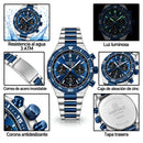 Naviforce Reloj Cronógrafo Azul con Detalles Plateados y Correa de Acero Inoxidable, Diámetro de 42 mm, Cristal Mineral Endurecido y Resistencia al Agua 3 ATM.