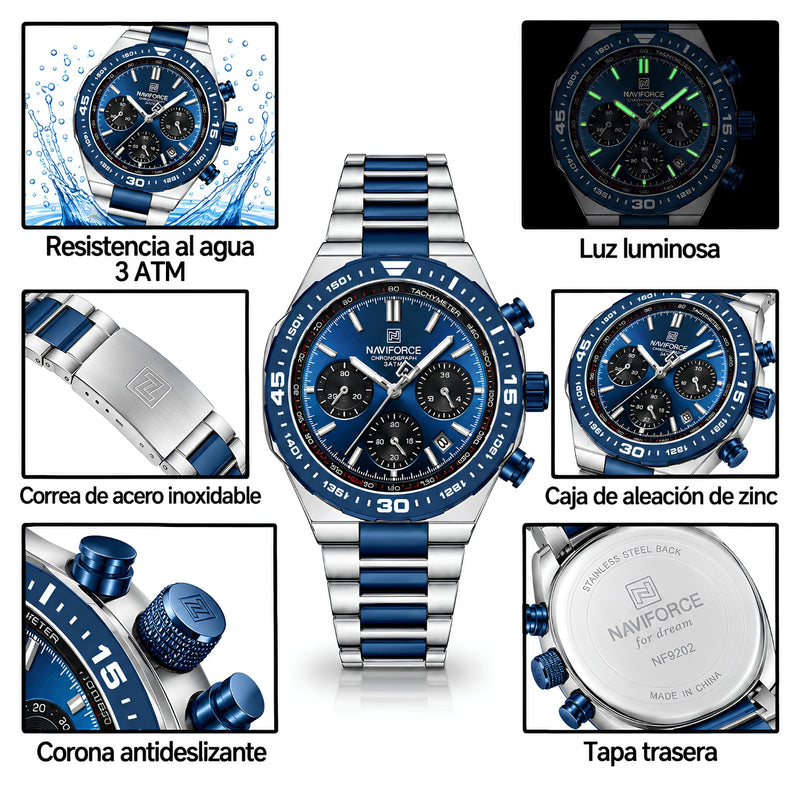 Naviforce Reloj Cronógrafo Azul con Detalles Plateados y Correa de Acero Inoxidable, Diámetro de 42 mm, Cristal Mineral Endurecido y Resistencia al Agua 3 ATM.