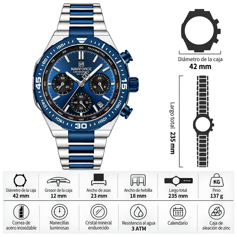 Naviforce Reloj Cronógrafo Azul con Detalles Plateados y Correa de Acero Inoxidable, Diámetro de 42 mm, Cristal Mineral Endurecido y Resistencia al Agua 3 ATM.