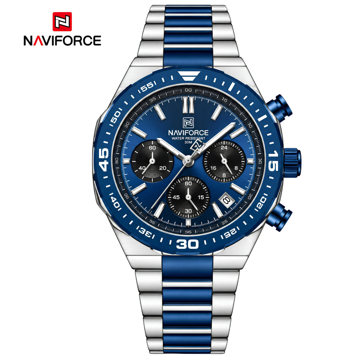 Naviforce Reloj Cronógrafo Azul con Detalles Plateados y Correa de Acero Inoxidable, Diámetro de 42 mm, Cristal Mineral Endurecido y Resistencia al Agua 3 ATM.