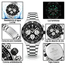 Naviforce Reloj Cronógrafo Negro con Detalles Plateados y Correa de Acero Inoxidable, Diámetro de 42 mm, Cristal Mineral Endurecido y Resistencia al Agua 3 ATM.