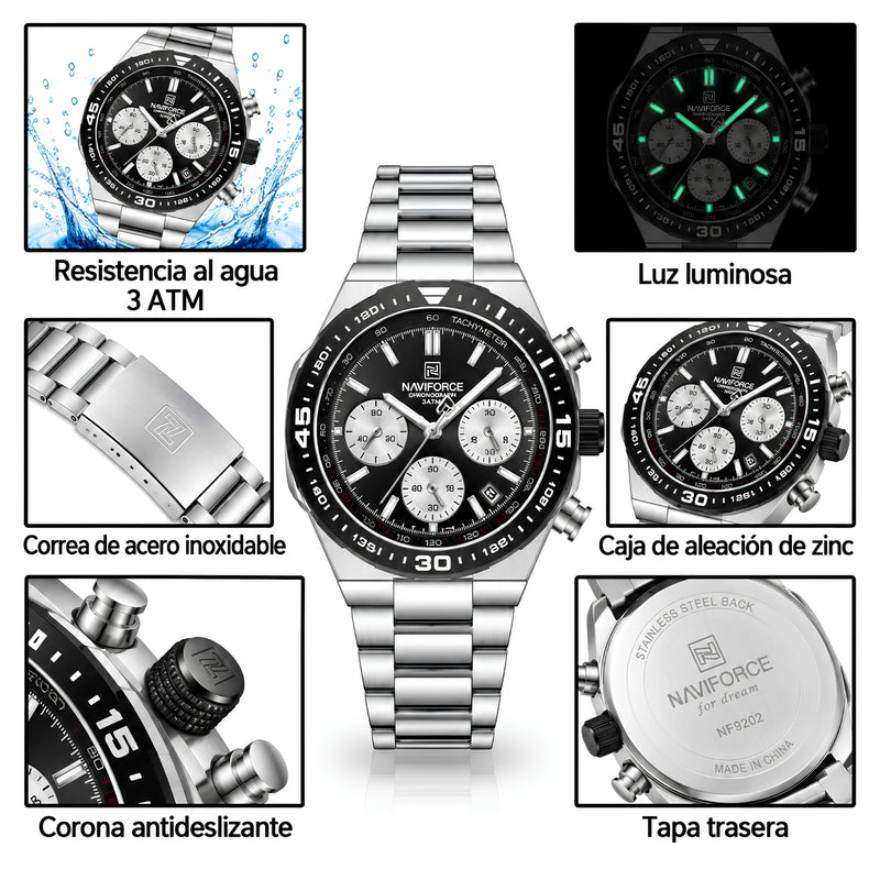 Naviforce Reloj Cronógrafo Negro con Detalles Plateados y Correa de Acero Inoxidable, Diámetro de 42 mm, Cristal Mineral Endurecido y Resistencia al Agua 3 ATM.