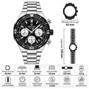 Naviforce Reloj Cronógrafo Negro con Detalles Plateados y Correa de Acero Inoxidable, Diámetro de 42 mm, Cristal Mineral Endurecido y Resistencia al Agua 3 ATM.