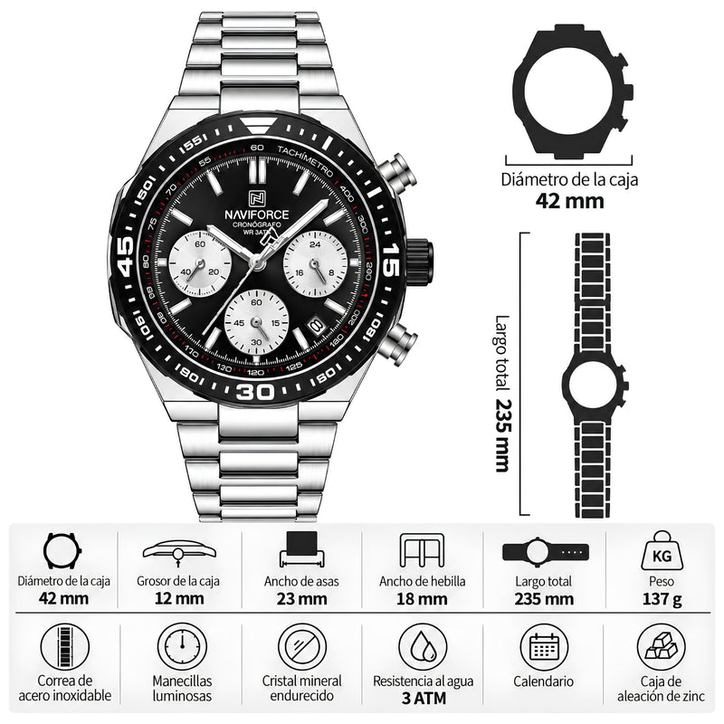 Naviforce Reloj Cronógrafo Negro con Detalles Plateados y Correa de Acero Inoxidable, Diámetro de 42 mm, Cristal Mineral Endurecido y Resistencia al Agua 3 ATM.