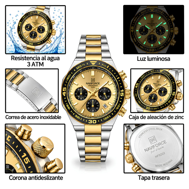 Naviforce Reloj Cronógrafo Dorado con Detalles Plateados y Correa de Acero Inoxidable, Diámetro de 42 mm, Cristal Mineral Endurecido y Resistencia al Agua 3 ATM.