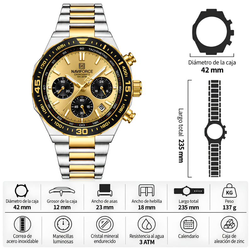 Naviforce Reloj Cronógrafo Dorado con Detalles Plateados y Correa de Acero Inoxidable, Diámetro de 42 mm, Cristal Mineral Endurecido y Resistencia al Agua 3 ATM.