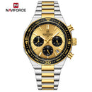 Naviforce Reloj Cronógrafo Dorado con Detalles Plateados y Correa de Acero Inoxidable, Diámetro de 42 mm, Cristal Mineral Endurecido y Resistencia al Agua 3 ATM.