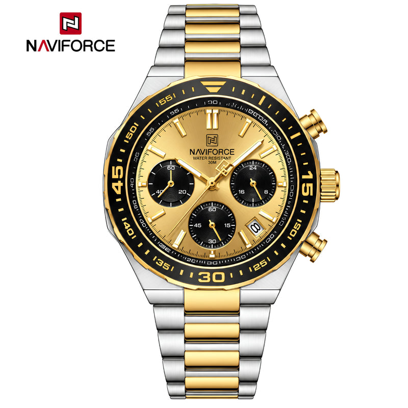 Naviforce Reloj Cronógrafo Dorado con Detalles Plateados y Correa de Acero Inoxidable, Diámetro de 42 mm, Cristal Mineral Endurecido y Resistencia al Agua 3 ATM.