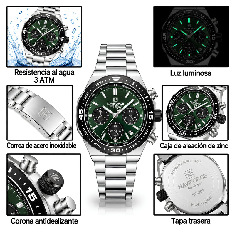 Naviforce Reloj Cronógrafo Verde con Detalles Plateados y Correa de Acero Inoxidable, Diámetro de 42 mm, Cristal Mineral Endurecido y Resistencia al Agua 3 ATM.