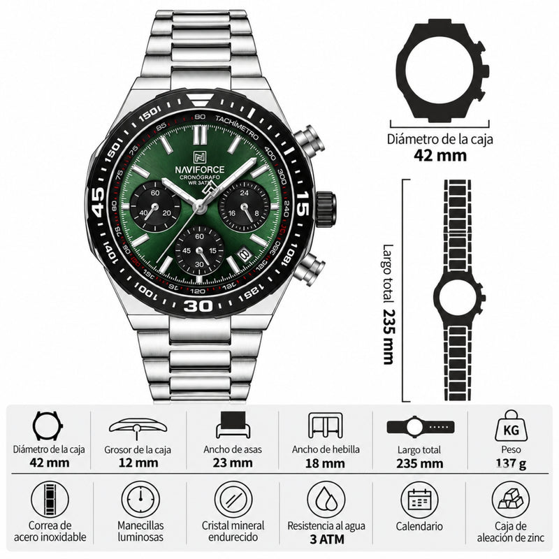 Naviforce Reloj Cronógrafo Verde con Detalles Plateados y Correa de Acero Inoxidable, Diámetro de 42 mm, Cristal Mineral Endurecido y Resistencia al Agua 3 ATM.