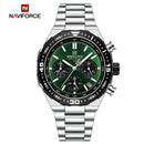 Naviforce Reloj Cronógrafo Verde con Detalles Plateados y Correa de Acero Inoxidable, Diámetro de 42 mm, Cristal Mineral Endurecido y Resistencia al Agua 3 ATM.