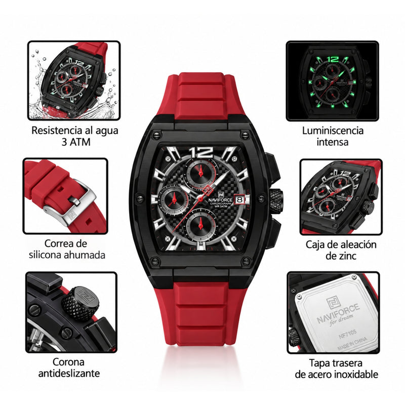 Naviforce Reloj Cronógrafo de Hombre con Esfera Cuadrada Negra Ø42 mm, Correa de Silicona Roja, Cristal Mineral Endurecido y Resistencia al Agua 3 ATM