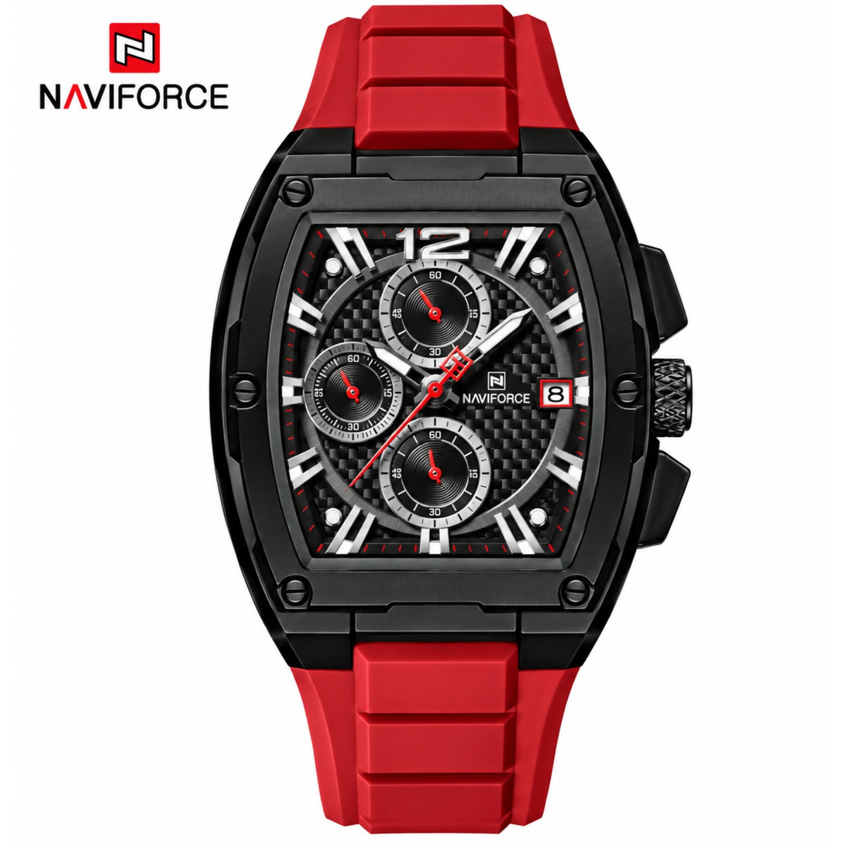 Naviforce Reloj Cronógrafo de Hombre con Esfera Cuadrada Negra Ø42 mm, Correa de Silicona Roja, Cristal Mineral Endurecido y Resistencia al Agua 3 ATM