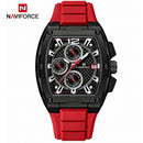 Naviforce Reloj Cronógrafo de Hombre con Esfera Cuadrada Negra Ø42 mm, Correa de Silicona Roja, Cristal Mineral Endurecido y Resistencia al Agua 3 ATM
