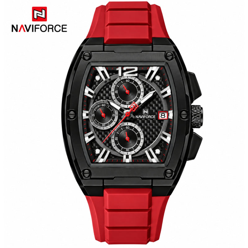 Naviforce Reloj Cronógrafo de Hombre con Esfera Cuadrada Negra Ø42 mm, Correa de Silicona Roja, Cristal Mineral Endurecido y Resistencia al Agua 3 ATM