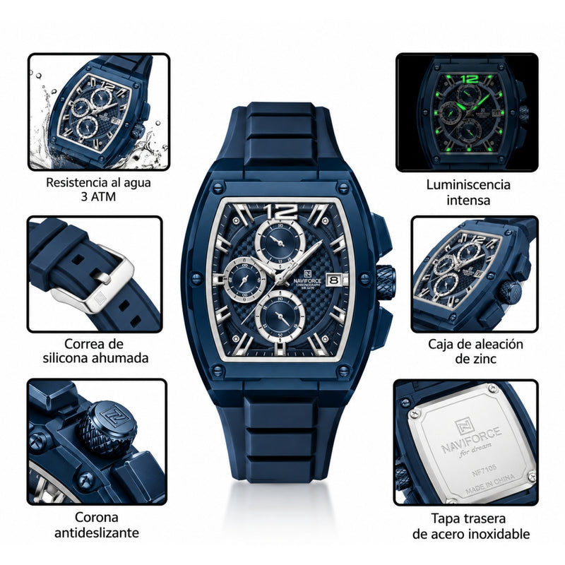 Naviforce Reloj Cronógrafo de Hombre con Esfera Cuadrada Azul Ø42 mm, Correa de Silicona Azul, Cristal Mineral Endurecido y Resistencia al Agua 3 ATM