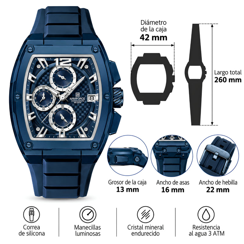 Naviforce Reloj Cronógrafo de Hombre con Esfera Cuadrada Azul Ø42 mm, Correa de Silicona Azul, Cristal Mineral Endurecido y Resistencia al Agua 3 ATM