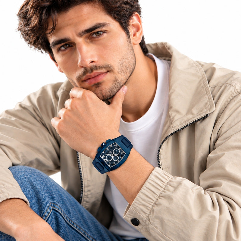 Naviforce Reloj Cronógrafo de Hombre con Esfera Cuadrada Azul Ø42 mm, Correa de Silicona Azul, Cristal Mineral Endurecido y Resistencia al Agua 3 ATM
