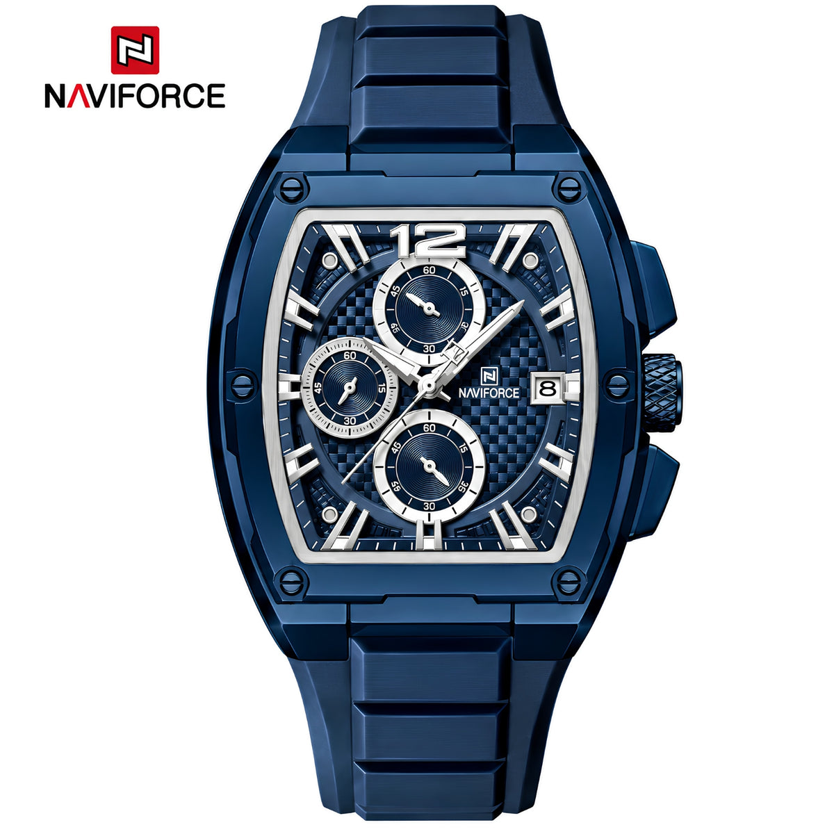 Naviforce Reloj Cronógrafo de Hombre con Esfera Cuadrada Azul Ø42 mm, Correa de Silicona Azul, Cristal Mineral Endurecido y Resistencia al Agua 3 ATM