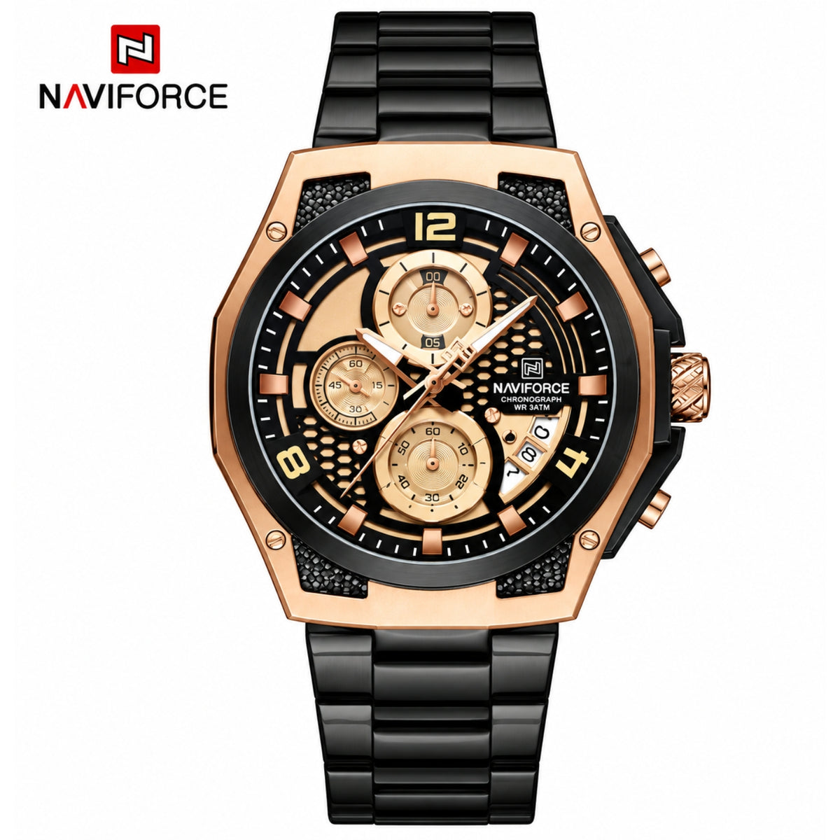 Naviforce Reloj Analógico Cronógrafo de Hombre con Esfera Color Negra y Oro Rosa Ø44 mm, Correa de Acero Inoxidable, Cristal Mineral Endurecido y Resistencia al Agua 3 ATM