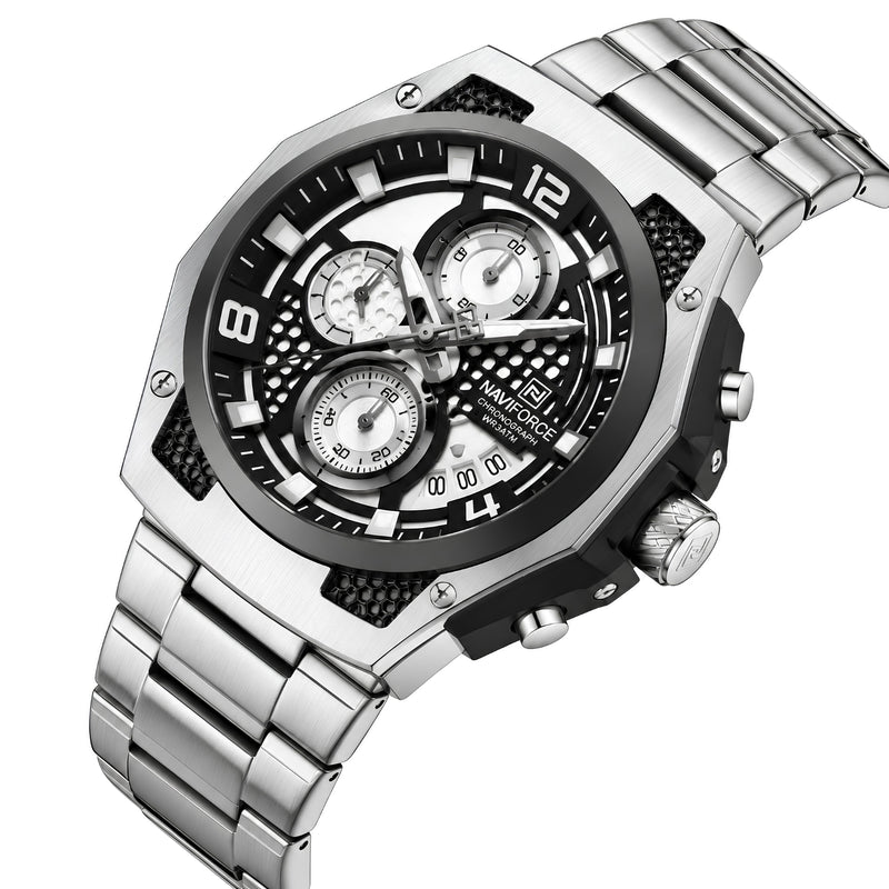 Naviforce Reloj Analógico Cronógrafo de Hombre con Esfera Blanca y Negra Ø44 mm, Correa de Acero Inoxidable, Cristal Mineral Endurecido y Resistencia al Agua 3 ATM