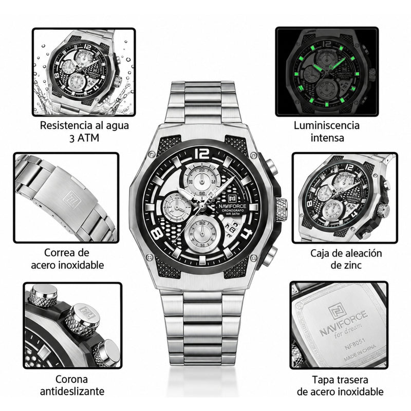 Naviforce Reloj Analógico Cronógrafo de Hombre con Esfera Blanca y Negra Ø44 mm, Correa de Acero Inoxidable, Cristal Mineral Endurecido y Resistencia al Agua 3 ATM