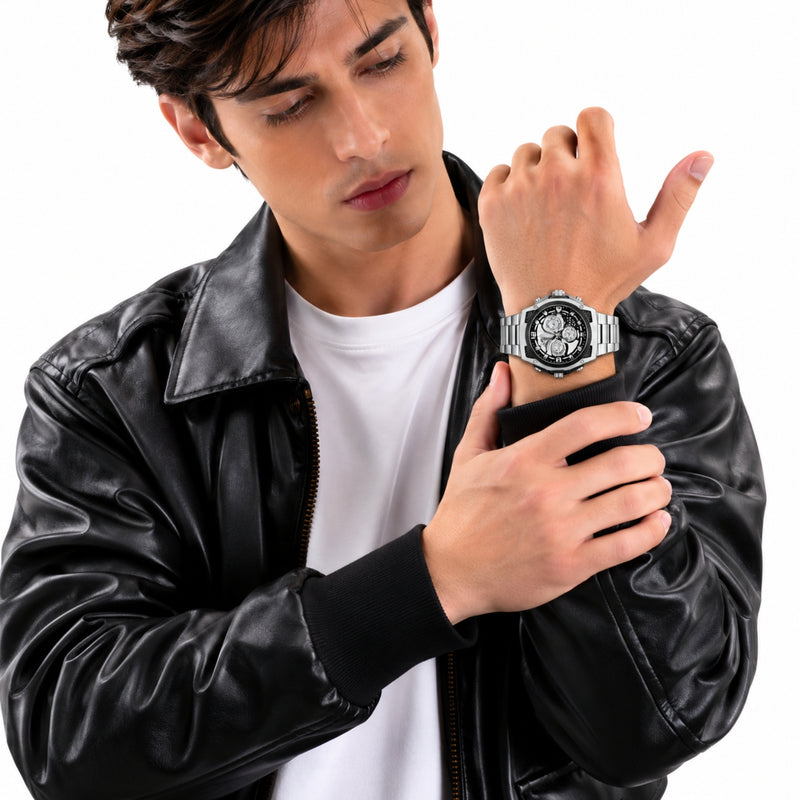 Naviforce Reloj Analógico Cronógrafo de Hombre con Esfera Blanca y Negra Ø44 mm, Correa de Acero Inoxidable, Cristal Mineral Endurecido y Resistencia al Agua 3 ATM