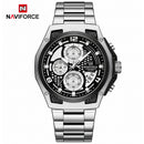 Naviforce Reloj Analógico Cronógrafo de Hombre con Esfera Blanca y Negra Ø44 mm, Correa de Acero Inoxidable, Cristal Mineral Endurecido y Resistencia al Agua 3 ATM