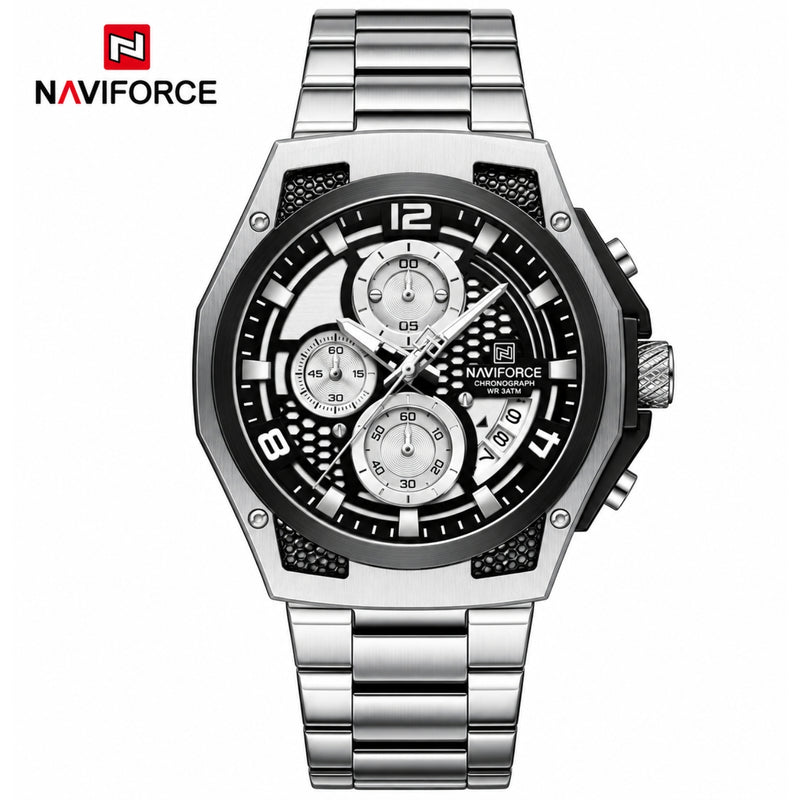 Naviforce Reloj Analógico Cronógrafo de Hombre con Esfera Blanca y Negra Ø44 mm, Correa de Acero Inoxidable, Cristal Mineral Endurecido y Resistencia al Agua 3 ATM