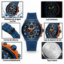 Naviforce Reloj Cronógrafo Azul con Detalles Negros, Correa de Silicona, Diámetro de 44 mm, Cristal Mineral Endurecido y Resistencia al Agua 3 ATM.