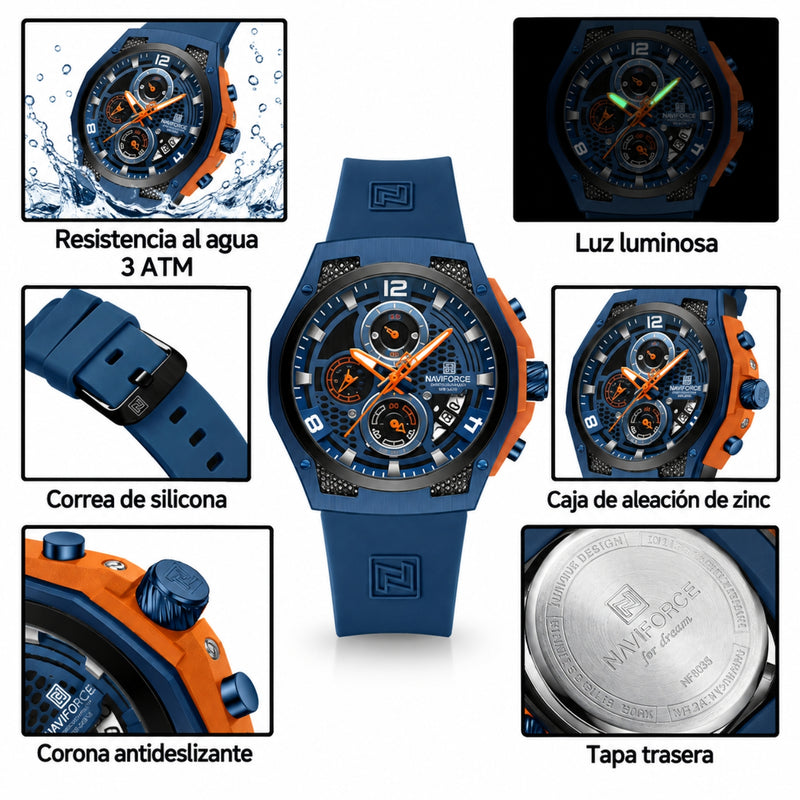 Naviforce Reloj Cronógrafo Azul con Detalles Negros, Correa de Silicona, Diámetro de 44 mm, Cristal Mineral Endurecido y Resistencia al Agua 3 ATM.