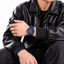 Naviforce Reloj Cronógrafo Azul con Detalles Negros, Correa de Silicona, Diámetro de 44 mm, Cristal Mineral Endurecido y Resistencia al Agua 3 ATM.