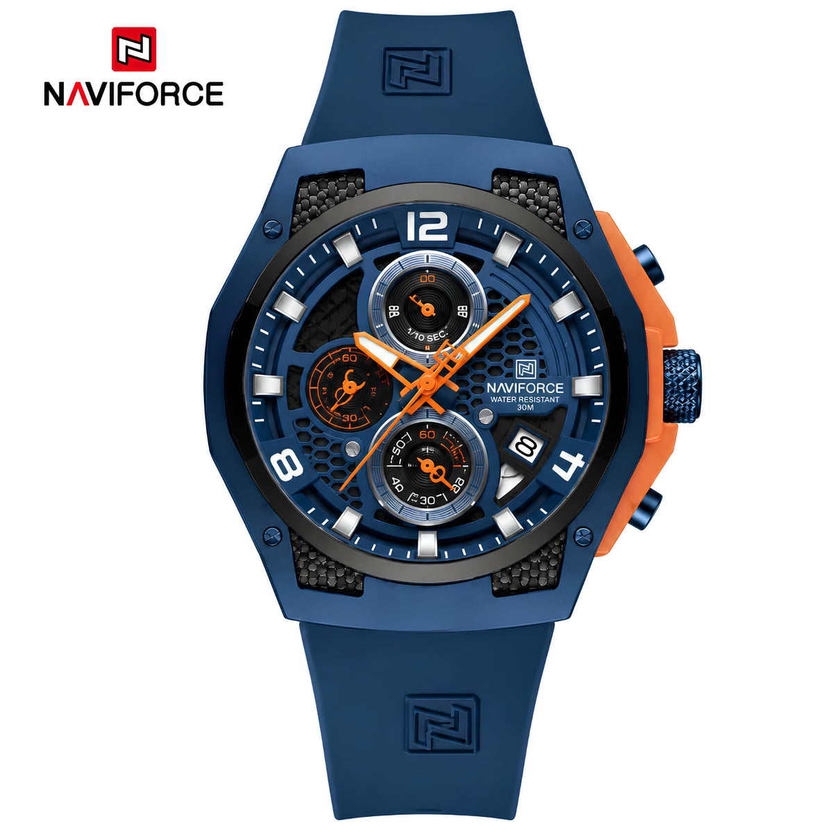 Naviforce Reloj Cronógrafo Azul con Detalles Negros, Correa de Silicona, Diámetro de 44 mm, Cristal Mineral Endurecido y Resistencia al Agua 3 ATM.